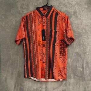 MCEDAR Shirt Mens Small Orange Black Tribal Geometric Short Sleeve Button Up Top